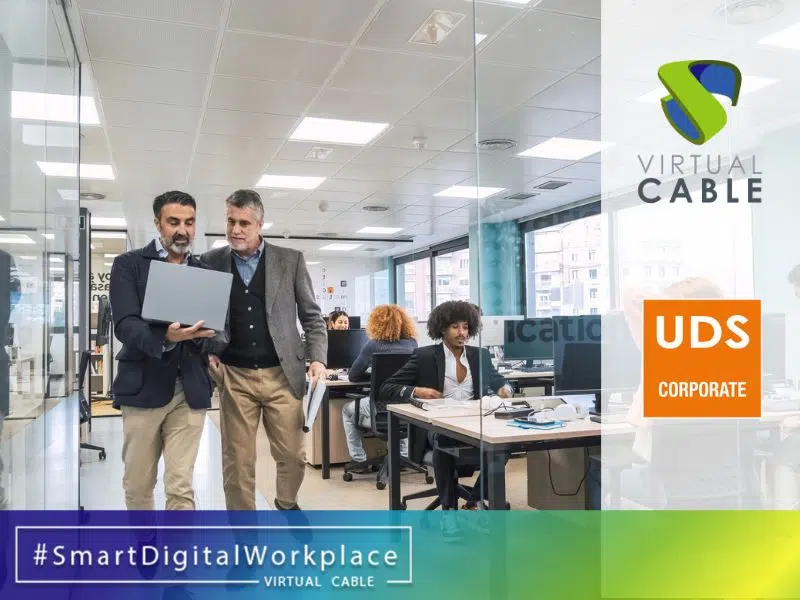 Oficina moderna con empleados trabajando en un entorno digital seguro. UDS Corporate y Virtual Cable impulsan la transformación digital en banca y seguros con soluciones de digital workplace y virtualización.