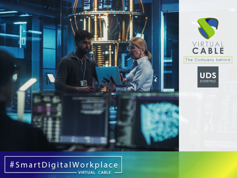 Personas trabajando en ordenadores en un laboratorio seguro, ilustrando UDS Enterprise y su seguridad post-cuántica