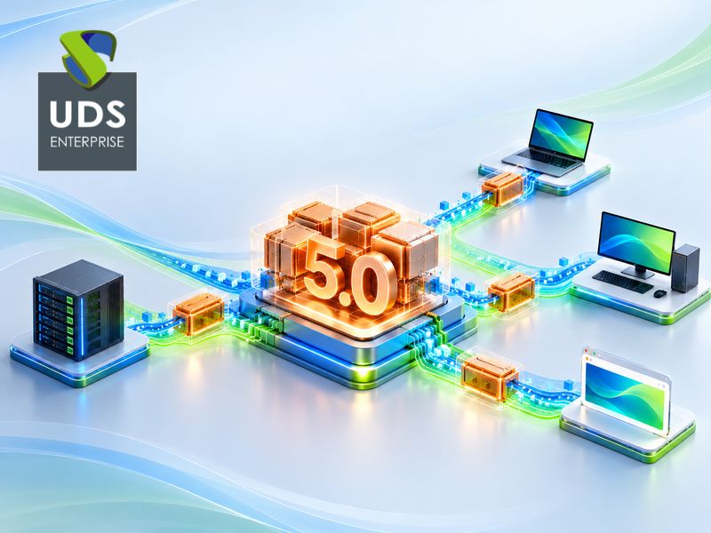 Ilustración de una arquitectura de software modular y segura que representa la renovación en Rust de UDS Enterprise 5.0